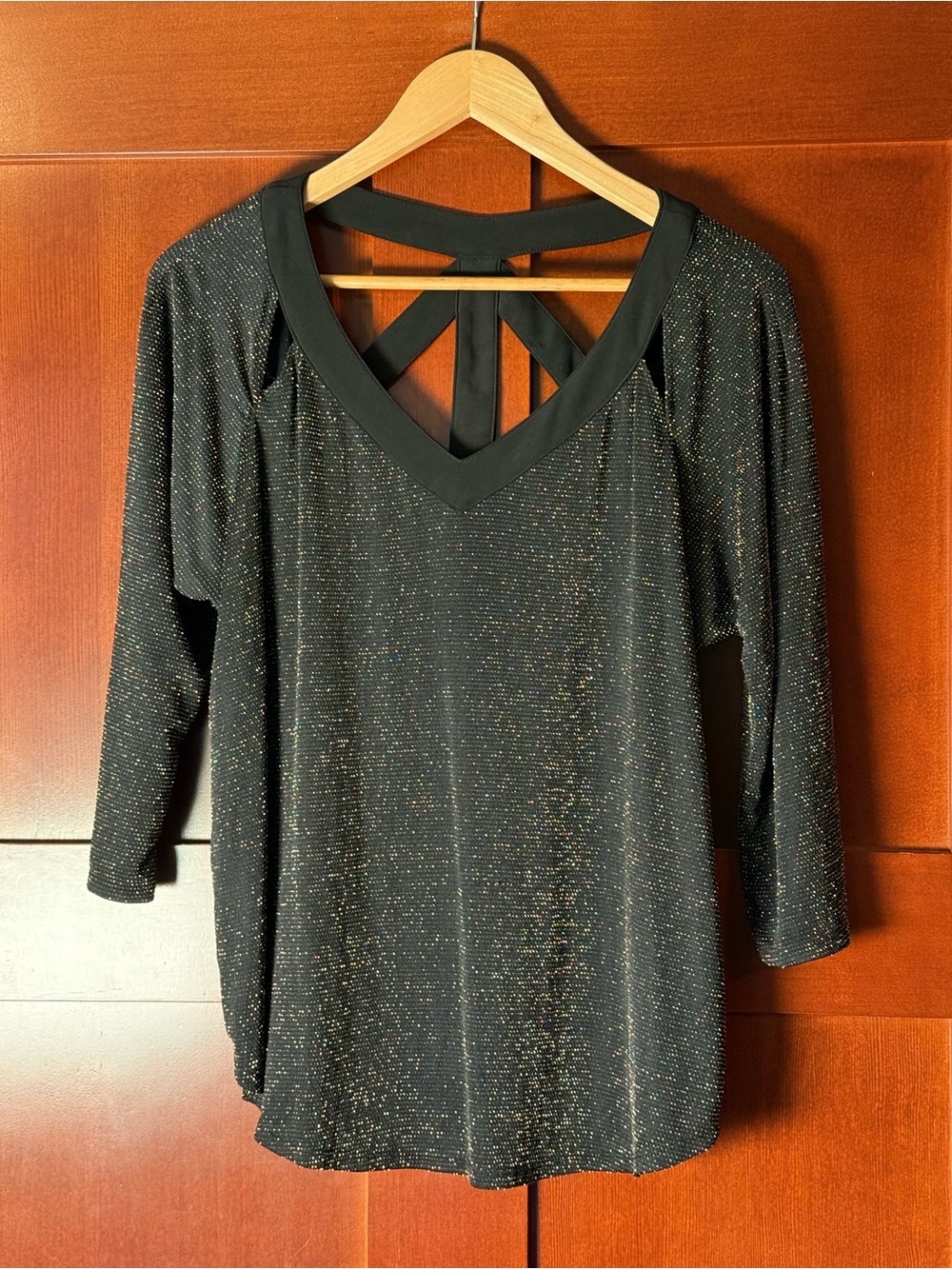 AUW Black Knit Top With Architectural Cut-Outs & Gold Metallic Details Size XL